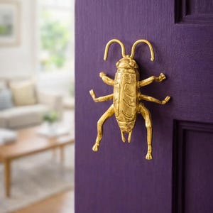 Puede incluir: Un llamador de puerta dorado con forma de insecto montado en una puerta de color púrpura oscuro. El llamador es una representación detallada de un insecto con seis patas y antenas. La puerta está pintada con un acabado mate sólido.