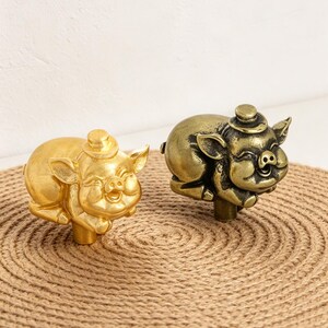 May include: Two decorative pig figurines. One is gold-colored, the other is bronze. Both pigs are wearing small hats and have a smiling expression. They are resting on a round, woven mat, suggesting a home decor theme.