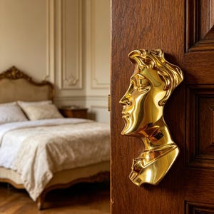 Pode incluir: Uma aldrava dourada polida em forma de busto masculino clássico está montada numa porta de madeira escura. O busto apresenta traços faciais detalhados e um penteado estilizado. O fundo mostra um quarto com uma cama e chão de parquet.