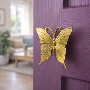 May include: A gold-colored butterfly door knocker mounted on a purple door. The butterfly has detailed wing patterns and is centered on the door. The door has a textured surface, and the background is blurred.