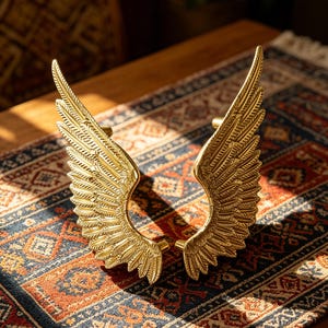 Può includere: Un paio di maniglie decorative dorate a forma di ali. Le maniglie sono dettagliate con texture simili a piume e sono posizionate su un tappeto fantasia con una miscela di tonalità rosse, blu e arancioni. Le maniglie sono in metallo.