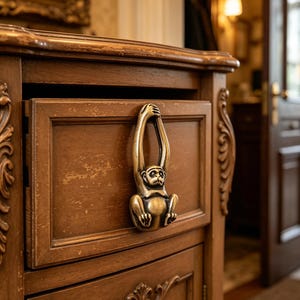May include: A wooden cabinet with a drawer featuring a brass monkey-shaped handle. The cabinet has ornate carvings and a warm, brown finish. The monkey handle is detailed and adds a whimsical touch to the furniture.