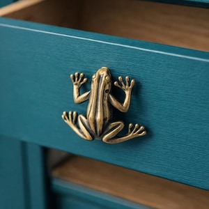 Puede incluir: Cajón de color turquesa con un tirador en forma de rana de latón. El cajón está abierto, revelando un interior de madera. El tirador de rana tiene extremidades extendidas y una superficie texturizada.