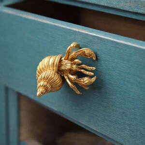 Tirador de puerta de latón hecho a mano con forma de cangrejo ermitaño / Tirador de armario con forma de animal marino / Herrajes de decoración náutica para el hogar