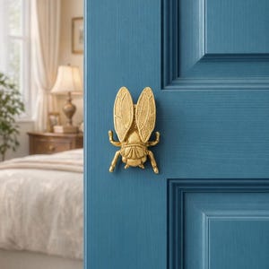 Puede incluir: Un llamador de puerta dorado con forma de insecto montado en una puerta azul turquesa. El llamador tiene alas y patas detalladas. El fondo muestra un dormitorio con una cama y una lámpara.