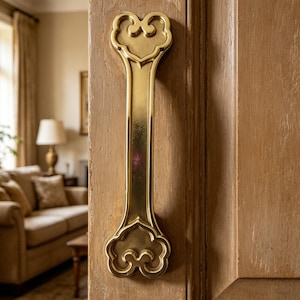 Puede incluir: Un tirador de puerta dorado con un diseño ornamental en forma de nube. El tirador está montado verticalmente en una puerta de madera marrón claro envejecida. El diseño presenta una barra central con formas de nube decorativas en cada extremo.