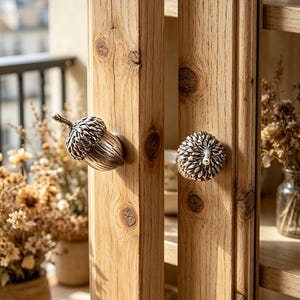 Puede incluir: Primer plano de un armario de madera con dos pomos decorativos en forma de bellota de bronce. El armario es de madera clara con vetas y nudos visibles. Flores secas en macetas y jarrones sugieren un tema rústico o inspirado en la naturaleza.