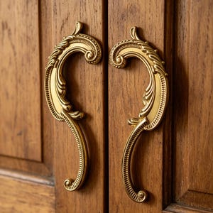 Puede incluir: Primer plano de dos tiradores de armario dorados y ornamentados sobre puertas de armario de madera. Los tiradores presentan un diseño curvo en forma de voluta con detalles intrincados, añadiendo un toque de elegancia a los muebles.