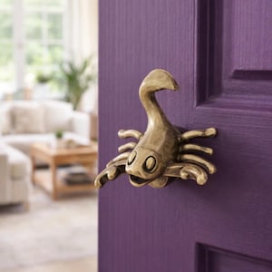 以下が含まれることがあります： 鮮やかな紫色のドアに取り付けられた、サソリの形をした真鍮製のドアノブ。 サソリのドアノブは、笑顔の顔と伸びた爪を備えた詳細なデザインで、家の装飾にユニークなタッチを加えています。