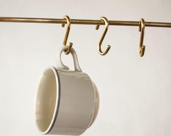 Mini Solid Brass S Hooks | Pot Rack Hooks | Kitchen Rail Hooks | Mug Hooks | Handmade Brass Hanging Hooks | Set of 6 or 12
