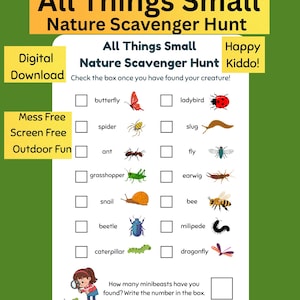 Könnte beinhalten: Ein digitaler Natur-Schnitzeljagd-Checkliste mit dem Titel "All Things Small". Die grün-weiße Checkliste zeigt Illustrationen von Insekten wie Schmetterlingen, Marienkäfern und Bienen. Der Text enthält "Sauber, Bildschirmfrei, Outdoor-Spaß."
