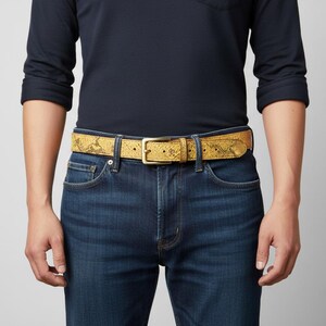 Gelber Ledergürtel mit Pythonprägung - Echtes Rindleder, goldene Schnalle