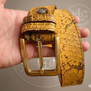 Yellow Python Embossed Leather Belt – Genuine Cowhide, Gold Buckle