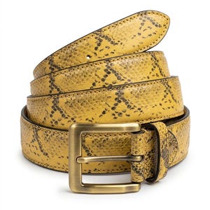 Pode incluir: Um cinto amarelo com padrão de pele de cobra e uma fivela retangular de latão antigo. O cinto está enrolado, mostrando a textura e as variações de cor do material. O design inclui detalhes em preto.