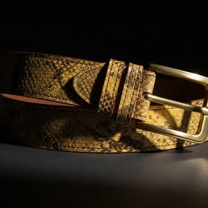 Yellow Python Embossed Leather Belt – Genuine Cowhide, Gold Buckle