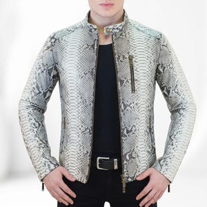 Men’s Genuine Cowhide Skin Python Texture Biker Jacket - Luxury Grey Snakeskin Moto Coat