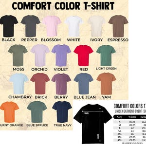 May include: A selection of Comfort Colors unisex garment-dyed T-shirts in a range of colours, such as black, white, and red. The image includes a size chart with measurements in inches, and the text "COMFORT COLOR T-SHIRT".
