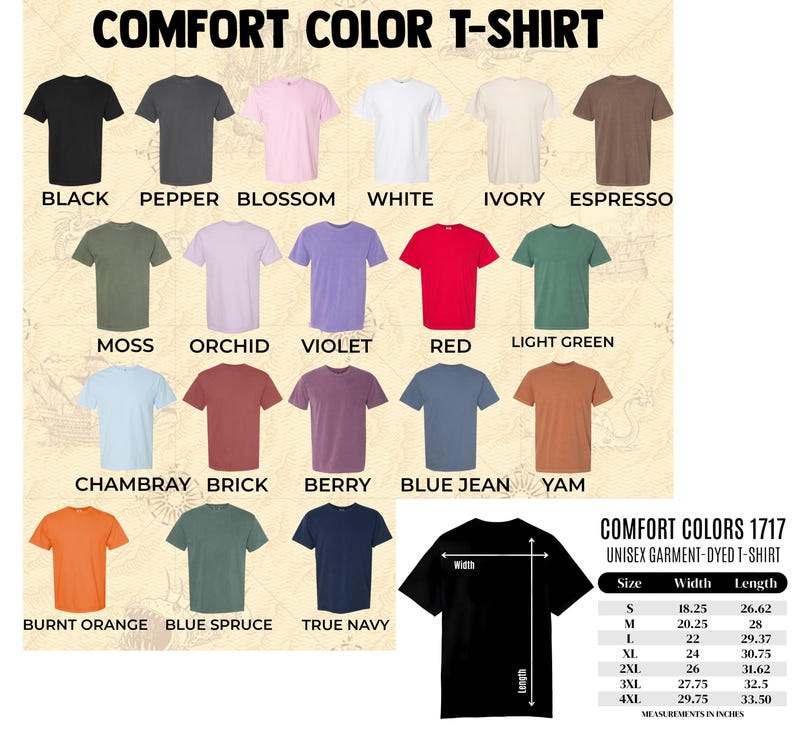 May include: A selection of Comfort Colors unisex garment-dyed T-shirts in a range of colours, such as black, white, and red. The image includes a size chart with measurements in inches, and the text "COMFORT COLOR T-SHIRT".