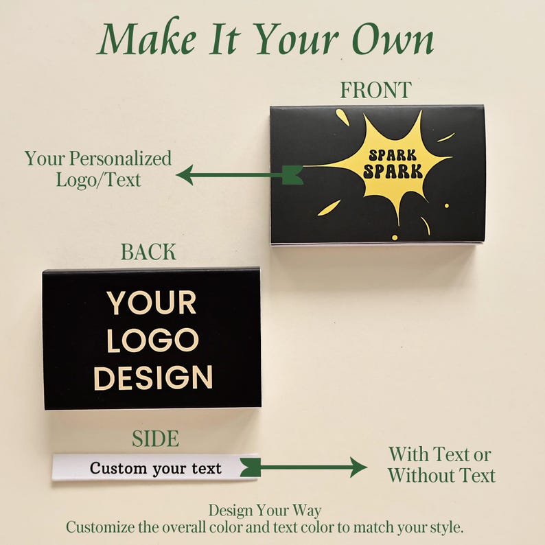 May include: Two rectangular black boxes showing customization options. The front box features a yellow starburst graphic with the text SPARK SPARK. The back box displays the text YOUR LOGO DESIGN in gold. A white side strip shows Custom your text.
