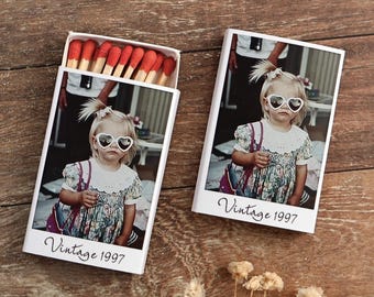 Instant Photo Birthday Matchboxes, Custom Vintage Photo & Year Party Favors, Milestone Birthday Keepsake