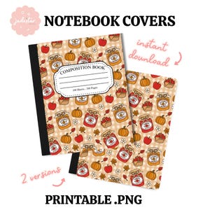 Peut inclure: Deux couvertures de cahier imprimables avec un motif répétitif de pommes rouges, de citrouilles orange et de bocaux étiquetés beurre de citrouille ou confiture de pommes sur un fond vichy beige. L'étiquette centrale indique COMPOSITION BOOK.