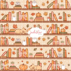 May include: A repeating pattern on a light beige background featuring shelves filled with books, pumpkins, potted plants, candles, teacups, and sleeping cats. The design includes autumn leaves and white bows, with the text jadestar press in the center.
