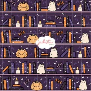 Padrão fofo de Halloween sem costura, estante de livros com gato fantasma em tons pastel, papel digital, padrão repetido fofo e assustador em PNG, sublimação, uso comercial.