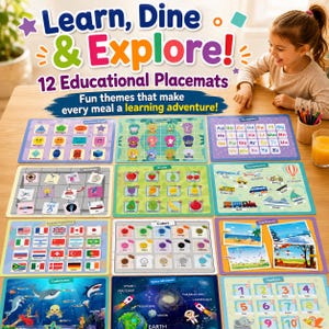 May include: A set of 12 educational placemats featuring colorful illustrations and text for learning shapes, animals, the alphabet, inventions, fruits, transportation, countries, colors, seasons, underwater life, space, and numbers on a wooden table.