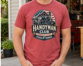 Maglietta Handyman Club, esperto di cose, riparatore di oggetti, regalo divertente per papà, marito, meccanico, falegname, attrezzi, bandiera americana, maglietta da uomo