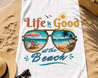 Asciugamano "La vita è bella in spiaggia", asciugamano da spiaggia con occhiali da sole retrò, asciugamano per le vacanze estive, regalo per gli amanti della spiaggia, asciugamano da piscina a tema costiero