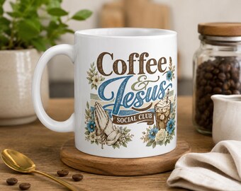 Tazza del Coffee and Jesus Social Club, tazza da caffè cristiana, regalo di fede per donne, tazza religiosa, regalo cristiano divertente, tazza con mani in preghiera floreali