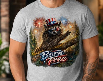 Maglietta Born Free Raccoon, maglietta patriottica per il 4 luglio, maglietta divertente con animali selvatici e fuochi d'artificio, maglietta grafica estiva americana da uomo, regalo per papà, maglietta per barbecue