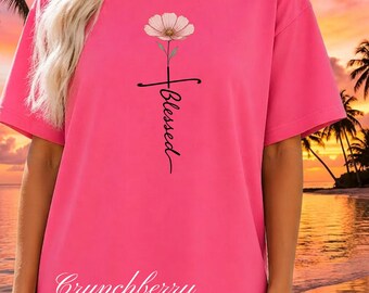 Magliette cristiane con croce floreale benedetta, fede, fiore, maglietta estiva religiosa, regalo per lei, colori comodi, maglietta con fiori sbocciati