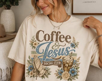 Maglietta Caffè e Gesù, Maglietta cristiana per amanti del caffè, Regalo a tema religioso per lei, Maglietta Jesus Social Club, Maglietta grafica cristiana boho, Religiosa