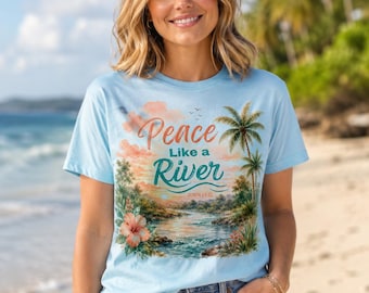 Maglietta con la scritta "Fede", "Pace come un fiume", maglietta cristiana da spiaggia, maglietta con versetto biblico Giovanni 14:27, maglietta estiva, regalo religioso tropicale per donne