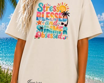 Maglietta "Stress Blessed and Summer Obsessed", maglietta da spiaggia cristiana da donna, maglietta con grafica a tema fede Comfort Colors, regalo estivo per lei