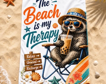 Divertente telo mare con procione "La spiaggia è la mia terapia" - Regalo, Asciugamano estivo con animale carino, Procione con Boba Tea