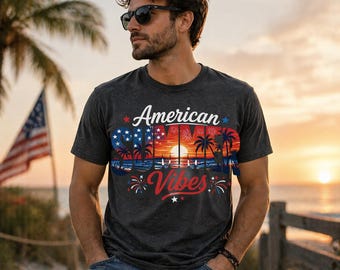 Maglietta American Summer Vibes, maglietta con tramonto sulla spiaggia del 4 luglio, maglietta estiva patriottica da uomo, maglietta con grafica fuochi d'artificio USA, maglietta Bella Canvas di luglio
