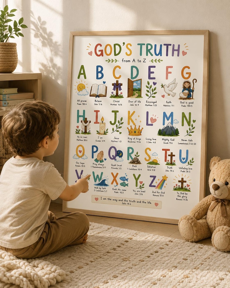 Christian ABC Alphabet Homeschool Poster | Bible Verse Wall Art for Kids Room (8x10) image 7