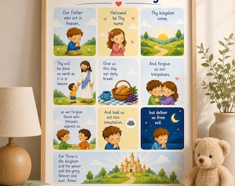 Illustrated Lord's Prayer Print, Kids Bible Verse Wall Art, Christian Nursery Decor