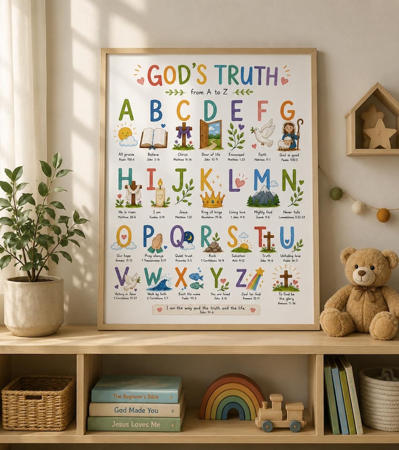 Christian ABC Alphabet Homeschool Poster | Bible Verse Wall Art for Kids Room (8x10) image 10
