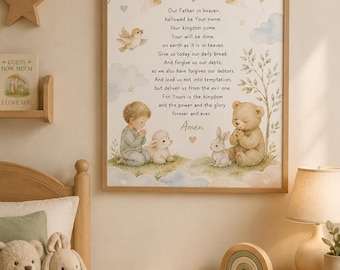 The Lord's Prayer Baby Wall Art | Watercolor Animals Bible Verse Print