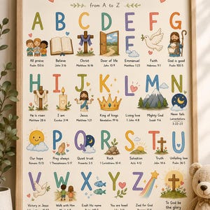 Christian ABC Alphabet Homeschool Poster | Bible Verse Wall Art for Kids Room (8x10) image 1