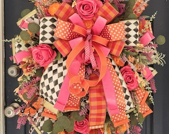 Ghirlanda primaverile rosa e arancione, ghirlanda per la porta d'ingresso, ghirlanda per tutti i giorni, decorazione estiva per la porta, ghirlanda floreale con fiocco, regalo per la festa della mamma