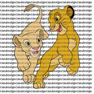 May include: Illustration of two lion cubs in a playful pose. The cubs are depicted in shades of yellow and tan, with expressive eyes and open mouths. The background features a repeating pattern of the text "candesign".