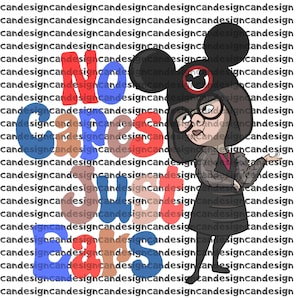 May include: A cartoon illustration of Edna Mode from The Incredibles, wearing a black dress and glasses, with a Mickey Mouse ear hat. The text "No Capes" is displayed in colorful letters.