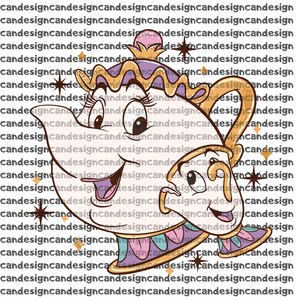 May include: A cartoon illustration of a teapot and teacup with smiling faces. The teapot is white with gold accents, a purple lid, and a pink crown. The teacup is also white with gold accents. The background is a repeating pattern of the word "candesign".