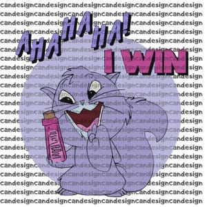 Puede incluir: Ilustración de un gato de dibujos animados morado con el texto "AHA HA HA! I WIN". El gato sostiene una botella rosa. El fondo repite el texto "candesign".