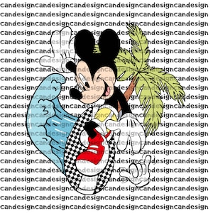 May include: A cartoon illustration of Mickey Mouse in a tropical setting. Mickey is wearing a checkered inner tube, red shoes, and a yellow shirt. A palm tree and a stylized wave are also included in the design.