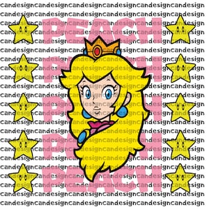 Könnte beinhalten: Grafik von Prinzessin Peach aus Super Mario, mit Krone, Ohrringen und einem rosa Kleid. Das Wort "PEACH" ist in Rosa gehalten, und gelbe Sterne sind um die Figur herum verstreut. Der Hintergrund ist ein sich wiederholendes Muster der Wörter "candesign".